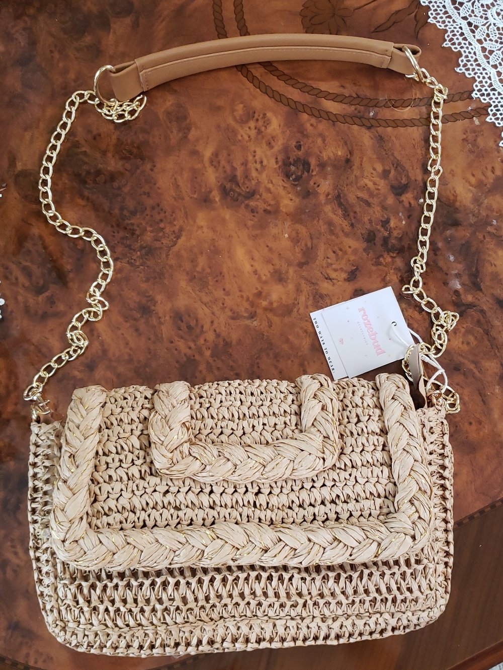 Rosebud Tan Woven Crossbody Bag with Detachable Chain New